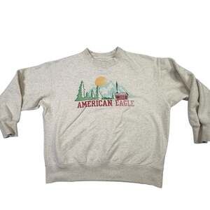 American Eagle Graphic Cabin Mountain Crewneck Sweatshirt Size Small